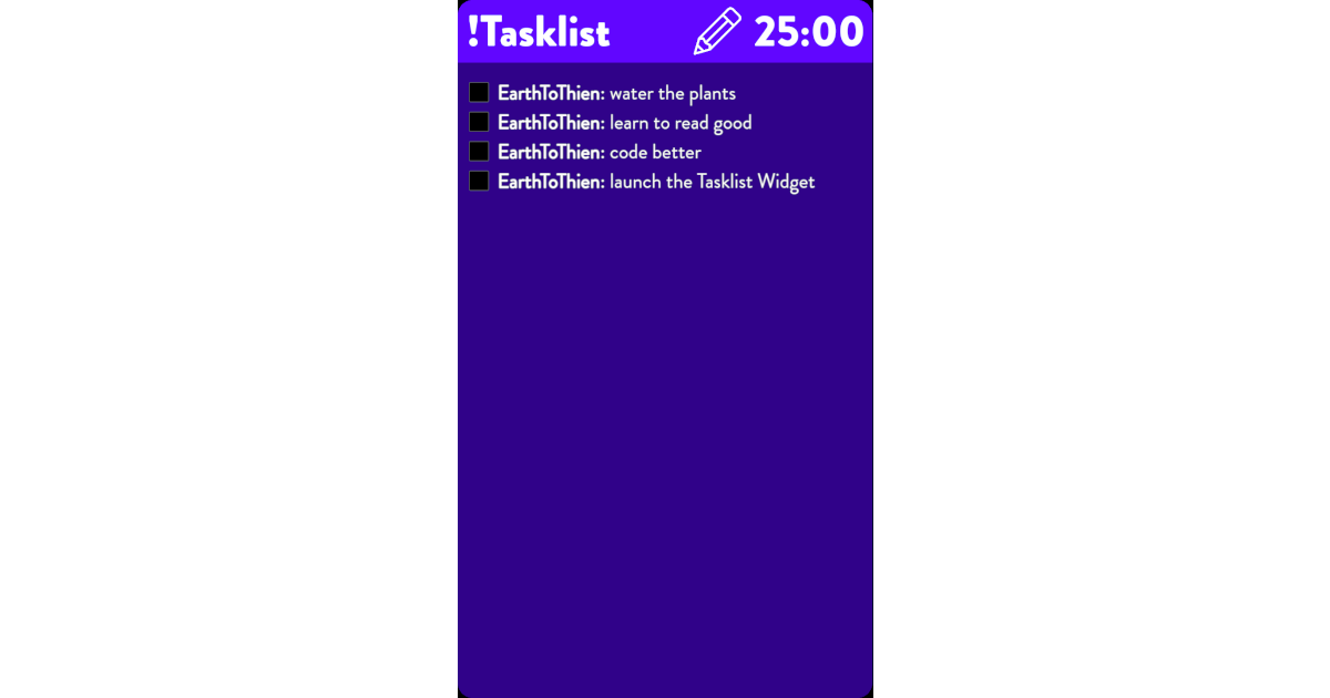 Tasklist widget with a timer for working and breaks. The widget contains a list of example tasks.